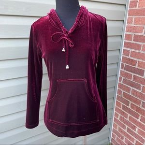 VTG 90s Y2K MAROON RED VELVET PULLOVER HOODIE SWEATSHIRT SIZE XS/SMALL PETITE